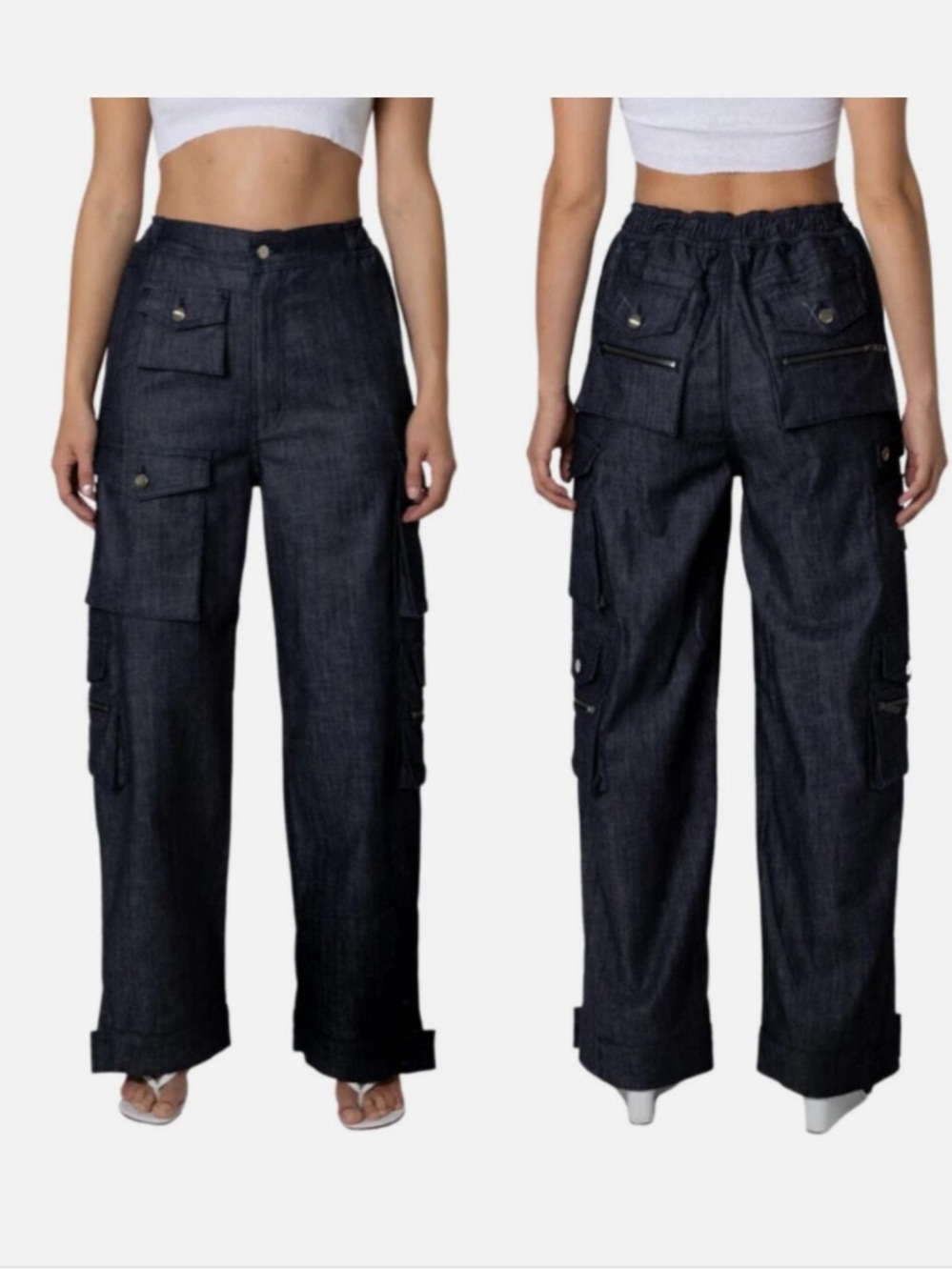 EB DENIM Cargo Denim Pants Rinse Dark Wash High Rise Ten Pocket Jeans NEW XS